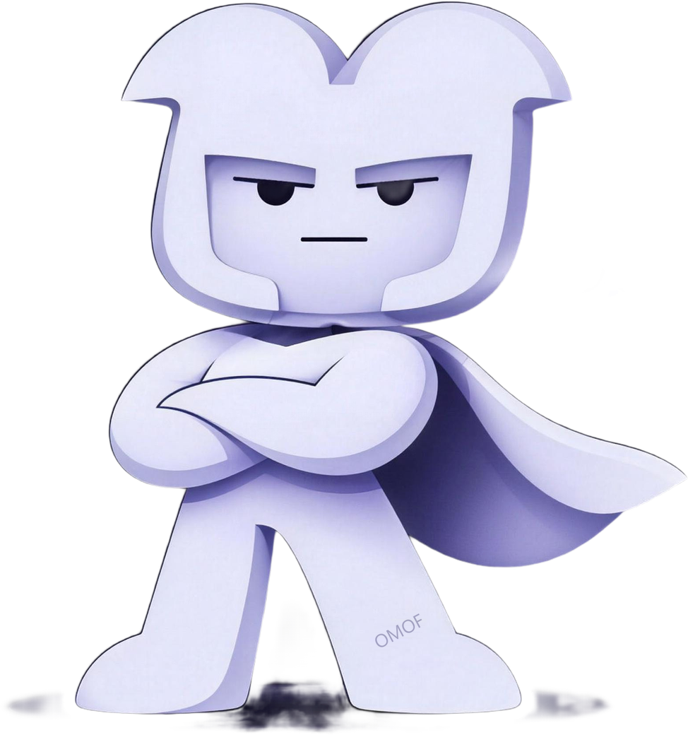 the omof mascot, caped, arms crossed, standing still